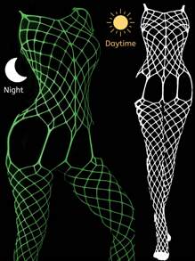 1pc Women Hollow See-Through Luminous Fishnet Stockings - Neon Green Fishnet Socks, Glow In The Dark White Socks, Sexy Pantyhose, Women Lingerie, Sexy Jumpsuit, Neon Glow Party, Music Festival, Halloween, Christmas Gift - trắng - Xem 1