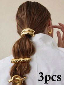 四件套简约金属光滑弹力复古发圈,日常佩戴,适合女性圆脸和方脸,可扎高马尾和脏辫,牢固不易脱落,优雅金色金属发圈,马尾发圈,橡皮筋,发绳,发饰,头饰 - 金色 - 查看 3