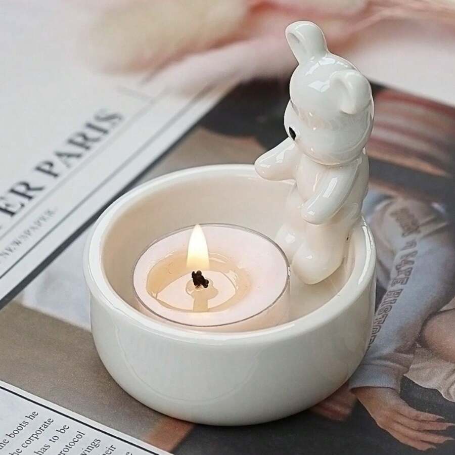 1 件陶瓷熊烛台（不含蜡烛），北欧风格装饰，家居配件，复古 - 白色 - 查看 1