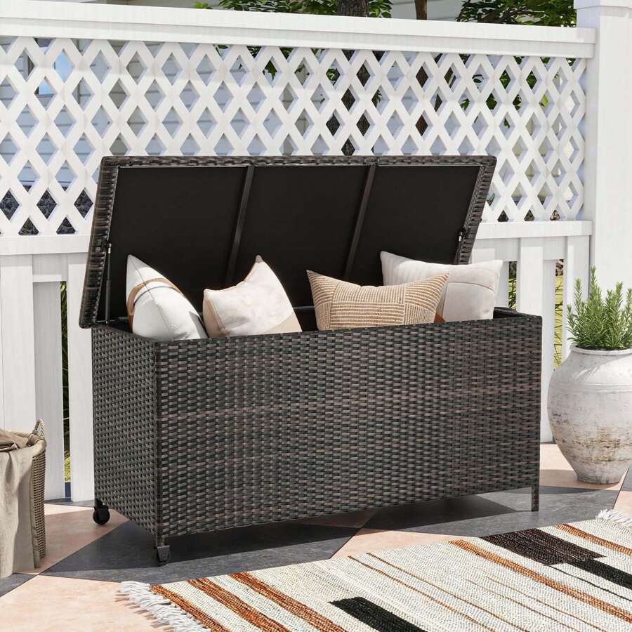 COSTWAY 85 Gallon Rattan Deck Box With Waterproof Liner Universal Wheels & Gas Strut Brown/Black - Brown - View 1