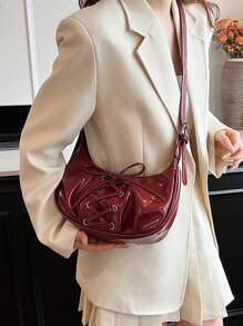 BEIKAMU Geantă de umăr elegantă pentru doamnă la modă, geantă pentru subrat cu design cu șireturi, geantă de cruce cu curea reglabilă, geantă la modă Bordeaux