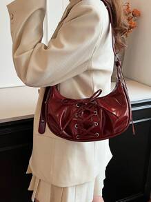 BEIKAMU Geantă de umăr elegantă pentru doamnă la modă, geantă pentru subrat cu design cu șireturi, geantă de cruce cu curea reglabilă, geantă la modă Bordeaux