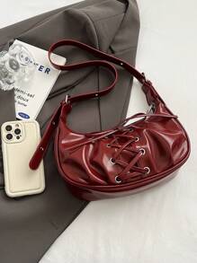 BEIKAMU Geantă de umăr elegantă pentru doamnă la modă, geantă pentru subrat cu design cu șireturi, geantă de cruce cu curea reglabilă, geantă la modă Bordeaux