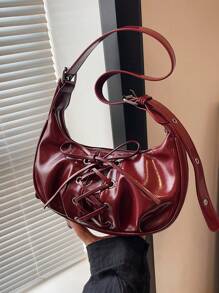 BEIKAMU Geantă de umăr elegantă pentru doamnă la modă, geantă pentru subrat cu design cu șireturi, geantă de cruce cu curea reglabilă, geantă la modă Bordeaux