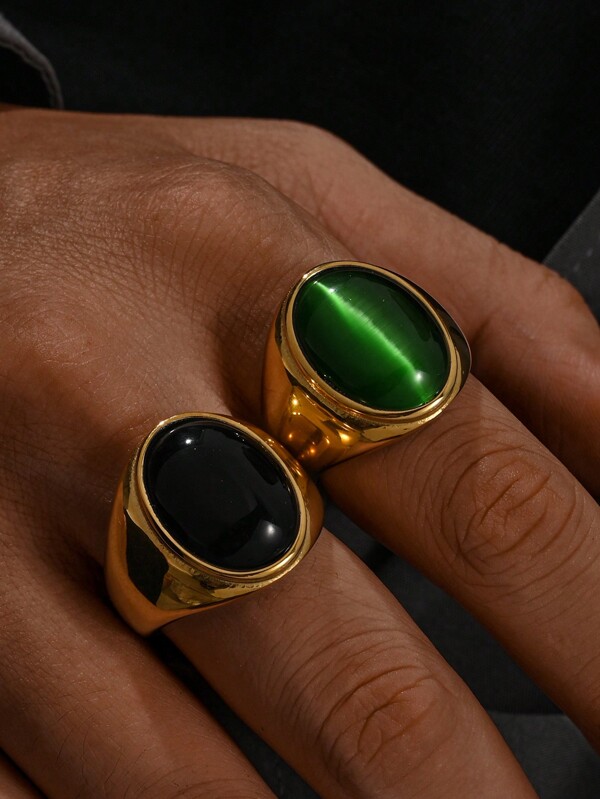 1 peça de aço inoxidável banhado a ouro 18K incrustado elíptico com grandes partículas de pedra de olho de gato anéis masculinos de negócios joias de verão