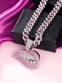 1pc Women's Pink & White Rhinestone Lip Shaped Pendant Necklace, Punk & Hip Hop Style, Jewelry Gift & Party Wear