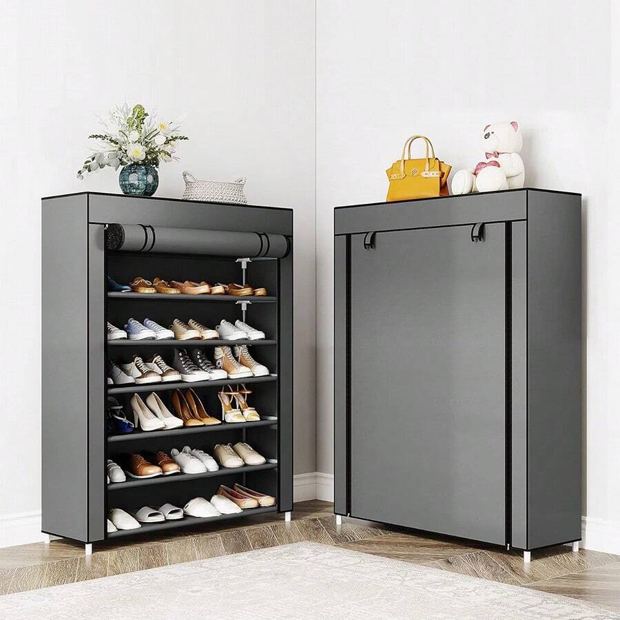 1 estante de zapatos portátil simple de 6 capas con protección contra el polvo y la humedad, tejido familiar, soporte metálico, fácil de ensamblar, con capacidad para unos 20 pares de zapatos,navidad! - Gris - Ver 1