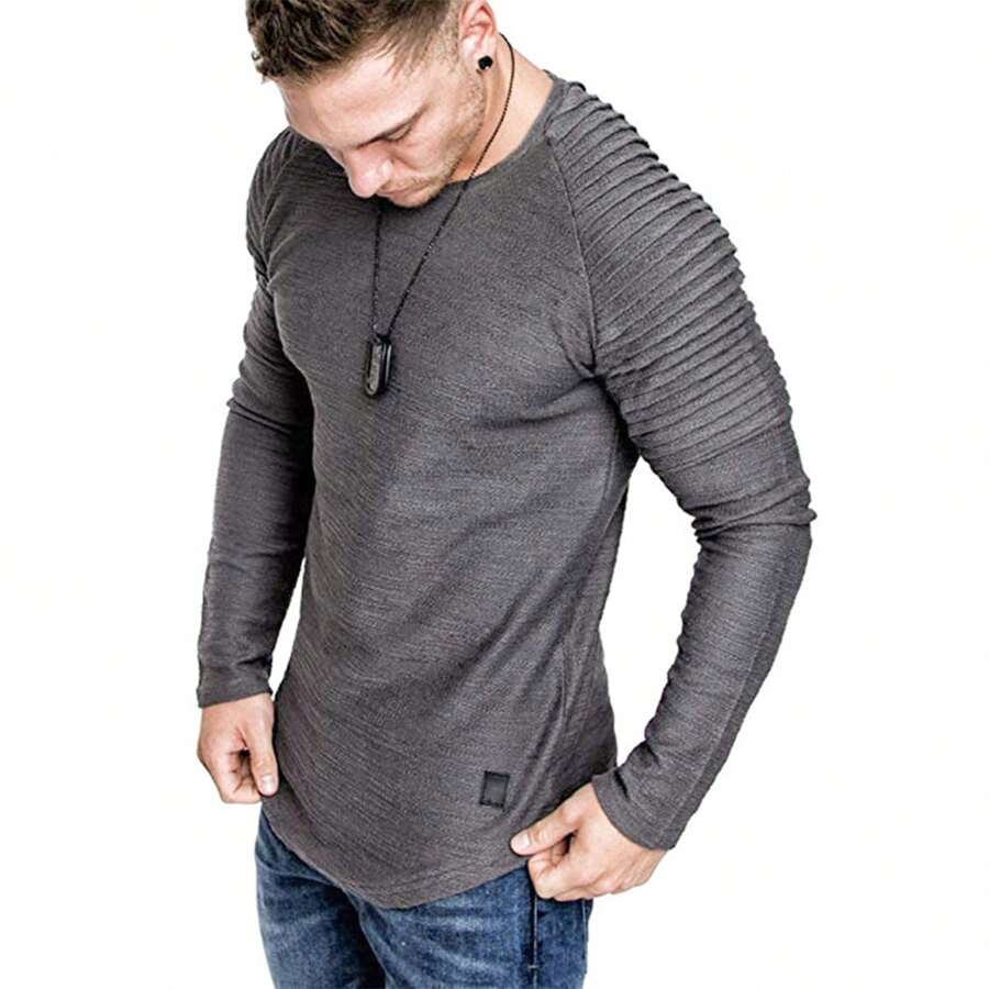 Playera Cuello Redondo Manga Larga Lisa Para Hombre Casual - Gris - Ver 1