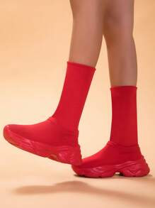 女士休闲运动鞋新款夏季时尚百搭高帮针织网眼运动鞋，年轻女士户外个性街头风格简约纯色鞋，女士户外散步休闲百搭袜套鞋 - 紅色 - 查看 4