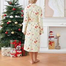 Women Soft Fleece Long Belted Robe Floral Fruit Print Plush Shawl Collar Bathrobe Warm Lounge Robe Pjs Party Kimono Robe Summer Wedding Home Bathroom Decor Back To School - Yellow - View 4
