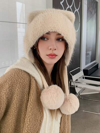 1 pezzo Cappello da donna autunno inverno con colore solido, stile bohémien, per feste, casual, carino, elegante, per strada, a doppio strato più spesso, adorabile con orecchie di gatto e pompon di pelliccia, adatto per il calore, le uscite e lo shopping