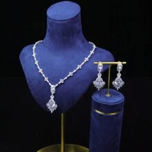 手工製作的優質女士珠寶套裝，寶石項鍊和耳環套裝，銅鍍鑽石鑲嵌晚禮服新娘珠寶，輕奢、華麗、浪漫、優雅、時尚的珠寶，女士紅寶石項鍊和耳環套裝，女士藍寶石珠寶套裝，女士綠寶石項鍊和耳環套裝，銀飾搭配白鑽石套裝 - 套裝 - 查看 9