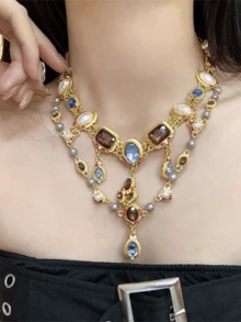1 PC Retro Ngọc Trai, Pha Lê & Đá Tua Rua Vòng Cổ Choker, Hanfu Phong Cách Dự Tiệc Nhiều Màu Sắc Vòng Đeo Cổ Cho Nữ - màu sắc - Xem 2