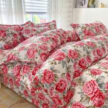 4 piezas Serie de cepillado suave, Juego de ropa de cama con estampado floral lindo (1 funda nórdica, 1 sábana plana, 2 fundas de almohada), Juego de ropa de cama estampado estilo Ins cómodo y sencillo, Adecuado para dormitorio, habitación de invitados y hotel