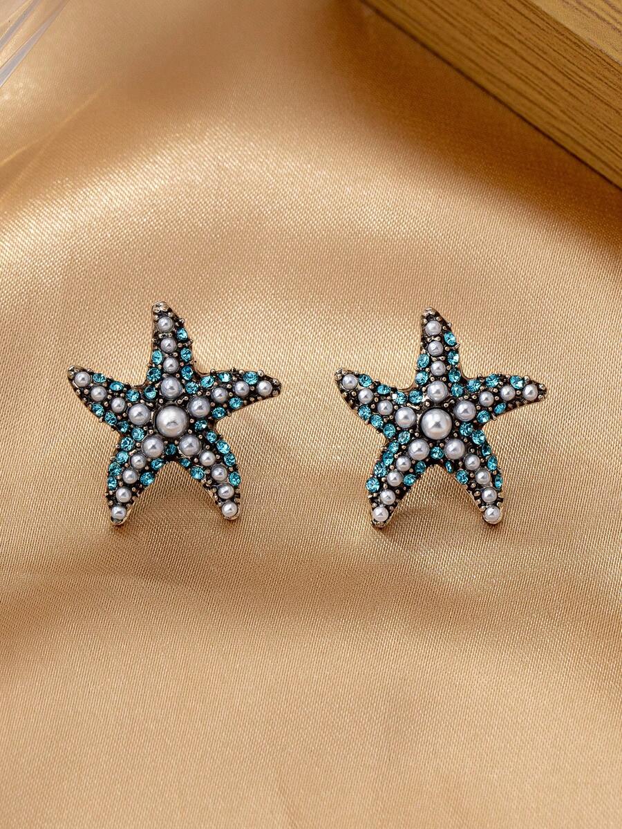 1pair Geometric Pearl & Starfish Design Earrings, Suitable For Spring And Summer Daily Wear For Women - Antique Silver - View 1