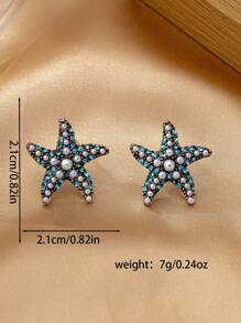 1pair Geometric Pearl & Starfish Design Earrings, Suitable For Spring And Summer Daily Wear For Women - Antique Silver - View 6