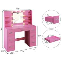 Furniwell 43" Vanity Desk Set With Power Outlet, Makeup Vanity Table With Bulbs Mirror 3 Color & Brightness Adjustable 7 Drawers For Storage,   Makeup Vanity Desk With Outlets, Large Mirror With Light Bulbs Color & Brightness Adjustable,  7 Drawers For Storage With Hairdryer Holder Gift For Girls Women - 淺粉色 - 查看 3