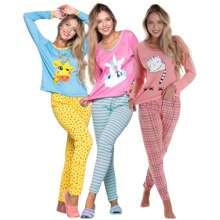 Kit 3 Long Women's Cold Pajamas Printed Characters Drawings - 彩色 - 查看 3