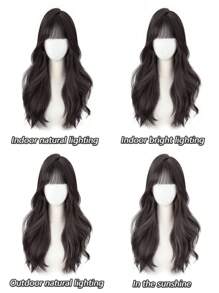 Peruca longa com ondas naturais de 66cm, com franja, preta e marrom, para mulheres, natural