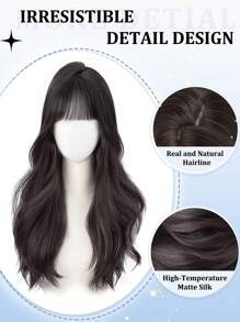 Peruca longa com ondas naturais de 66cm, com franja, preta e marrom, para mulheres, natural