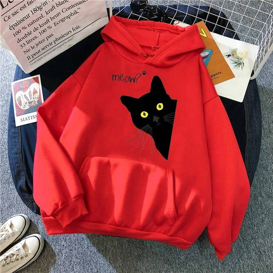 Men's Black Cat Hoodie Fashion Loose Sweatshirts Unisex Thicken Prints High Quality Pullover Street Warm Sportswear - 紅色 - 查看 1