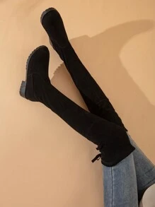 这款时尚中跟过膝靴专为少女设计，带有弹性和装饰性系带元素，一体式靴子 - 黑色 - 查看 5