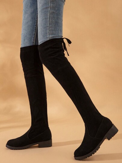 The Stylish Mid-Heeled Over-The-Knee Boots Are Designed For Teen Girls With Elastic And Decorative Lace-Up Elements, All-In-One Boots