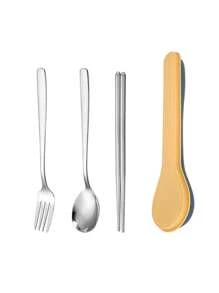 3pcs Stainless Steel Cutlery Set & 1pc Random Color Storage Box,Kitchen,Christmas Gift,School Supplies