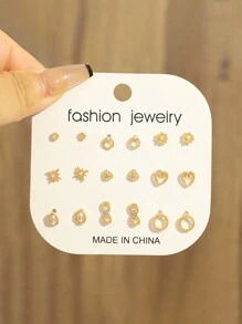 9 件/套女士简约时尚耳钉，金珍珠，水钻，环圈，星形珠宝套装