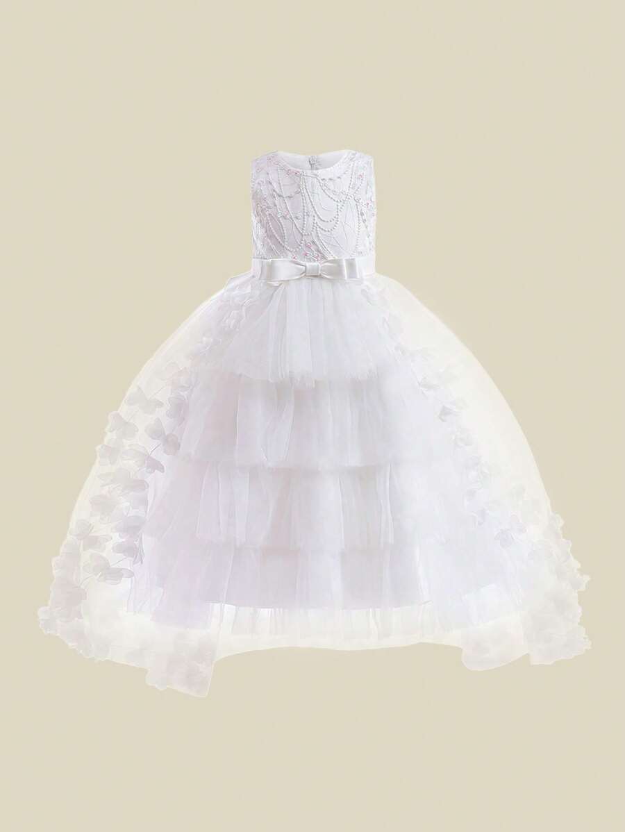 Young Girls' Solid Color Layered Mesh Trailing Elegant  Dress, Suitable For Travel, Vacation, Formal Events - 白色 - 查看 1