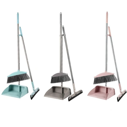Juego de 3 escobas de escoba y recogedor de mango largo, escoba portátil con recogedor de polvo, juego combinado con dientes de peine, barredora eficiente, Conjunto de escoba y recogedor, auto-limpieza con dientes para el recogedor, barrido para uso en interiores y exteriores, ideal para el hogar con mascotas como perros y gatos, con soporte para mantener la escoba de pie y el recogedor.