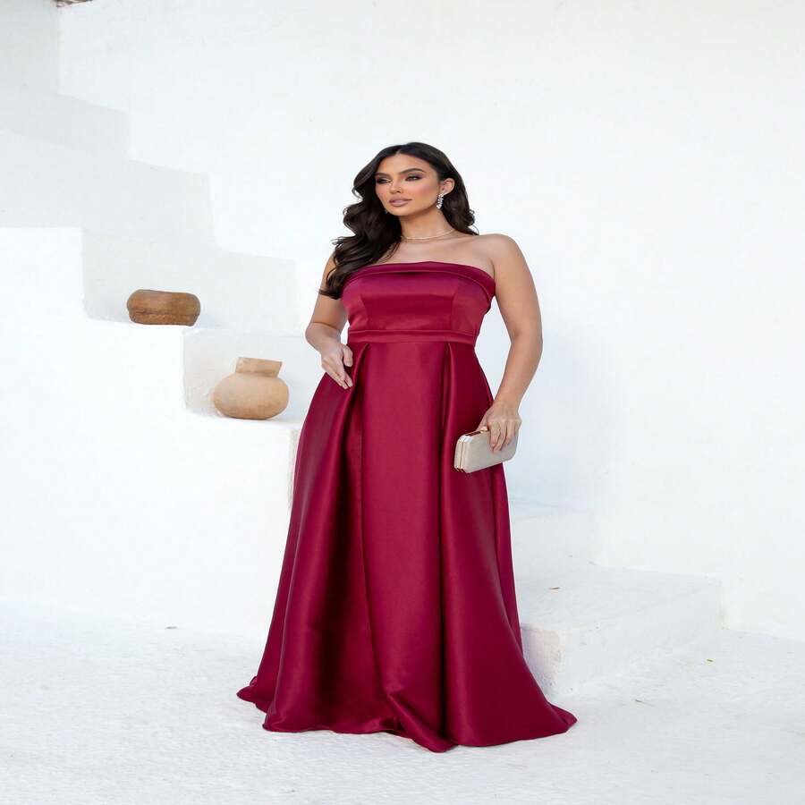 Strapless Bridesmaid Party Dress - 酒紅色 - 查看 1