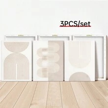 帆布墙艺术 3 件套几何米色螺旋波中世纪现代有机抽象中性艺术印刷品北欧波西米亚风墙面装饰，帆布海报，帆布墙面装饰适用于家庭、客厅、卧室、厨房、浴室