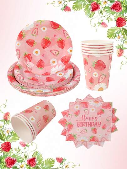 Set de vajilla desechable para fiesta de cumpleaños con diseño de fresa rosa: 12 platos de papel de 7 y 9 pulgadas, 12 vasos de papel con diseño de fresas, 20 servilletas con diseño de fresas, 1 mantel de mesa con diseño de fresas de 137*274cm. Adecuado para fiestas de cumpleaños con temática de fresas, regalos de cumpleaños, favores de fiesta, vajilla desechable, bandejas para pasteles de cumpleaños, envases de comida desechables, para el día de San Valentín y vuelta al colegio.