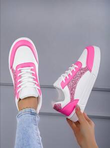 少女时尚亮片系带休闲运动鞋，白色和粉色，适合所有季节 - 粉色 - 查看 5