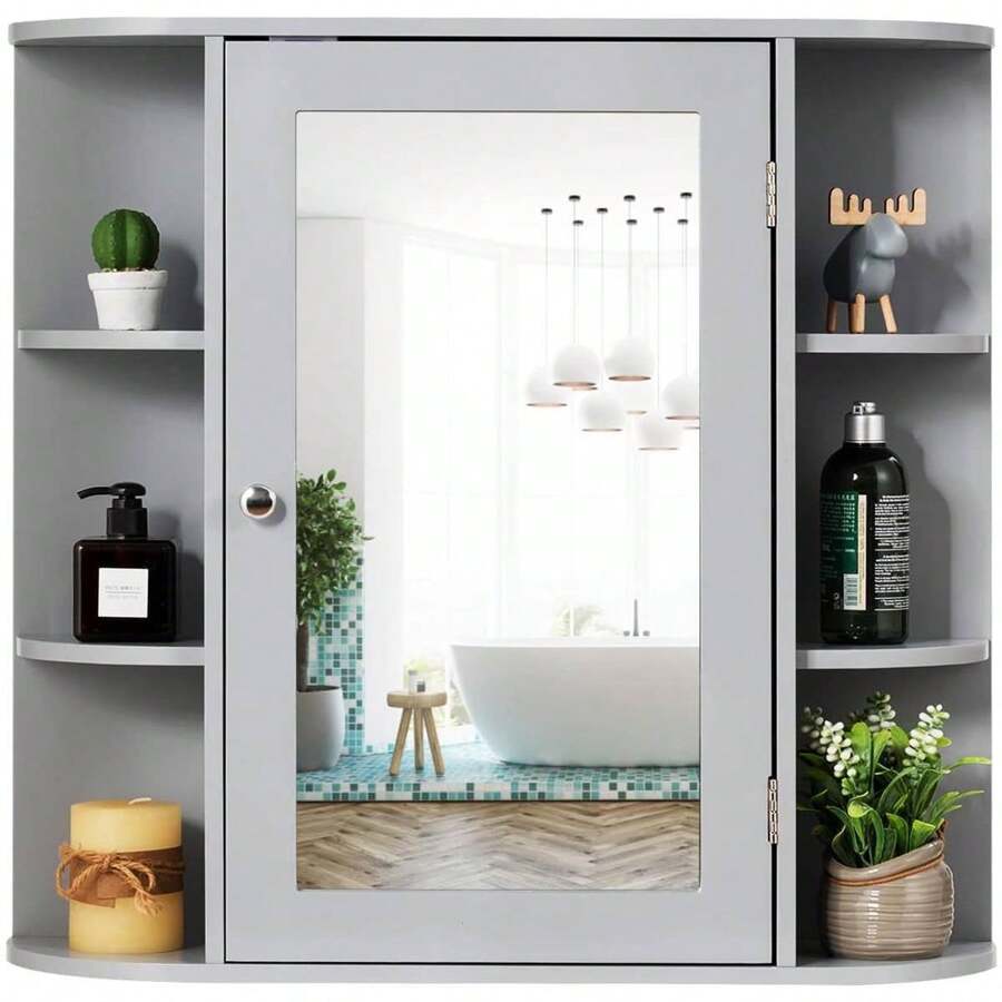 Wooden Mirror Cabinet With Shelves, Bathroom Cabinet With Mirror, Wall Cabinet Bathroom, 66 X 63 X 16.5 Cm (Grey) - 灰色 - 查看 1