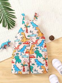 Toddler Boys' Cute Cartoon Dinosaur Pattern Bib Pants Set, Suitable For Outdoor & Daily Wear In Summer (Excluding Hat)