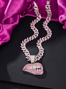 1pc Women's Pink & White Rhinestone Lip Shaped Pendant Necklace, Punk & Hip Hop Style, Jewelry Gift & Party Wear