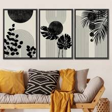 3 Piece  Canvas Print Wall Art Geometrid Plant Collage Abstract Shapes Illustrations Mid Century Modern Art Neutral Boho Decor No Frame