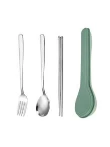 3pcs Stainless Steel Cutlery Set & 1pc Random Color Storage Box,Kitchen,Christmas Gift,School Supplies