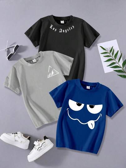 3pcs/Set Tween Boy Cartoon Character & Letter Print Lightweight Breathable Casual Crew Neck Short Sleeve T-Shirt Outfit, Summer