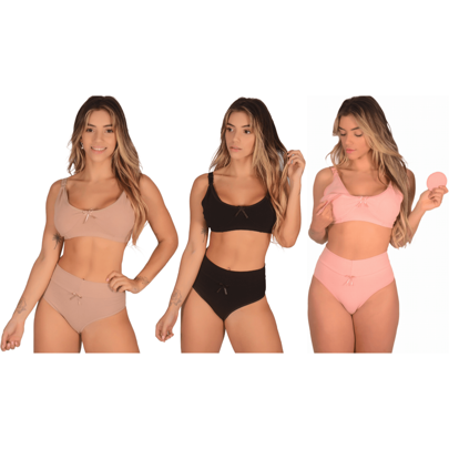 Kit com 3 Conjuntos (Sutiã de Amamentação + Calcinha Cós Alto Pós Parto) Lingerie sem Bojo Feminino Confortável Grávida Maternidade Gestante Soutien Algodão Reforçado Sustentação Moda Íntima Cintura Alta Top para Amamentar Cotton Calçola Feminina Cesárea Roupa Adulto