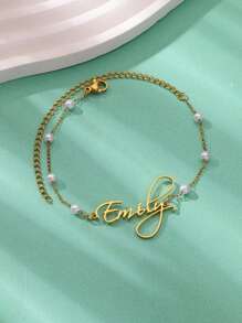 1 件个性化任意签名名字珍珠手链，适合男女定制名字珍珠链手链不锈钢镀名珠宝婚礼生日礼物