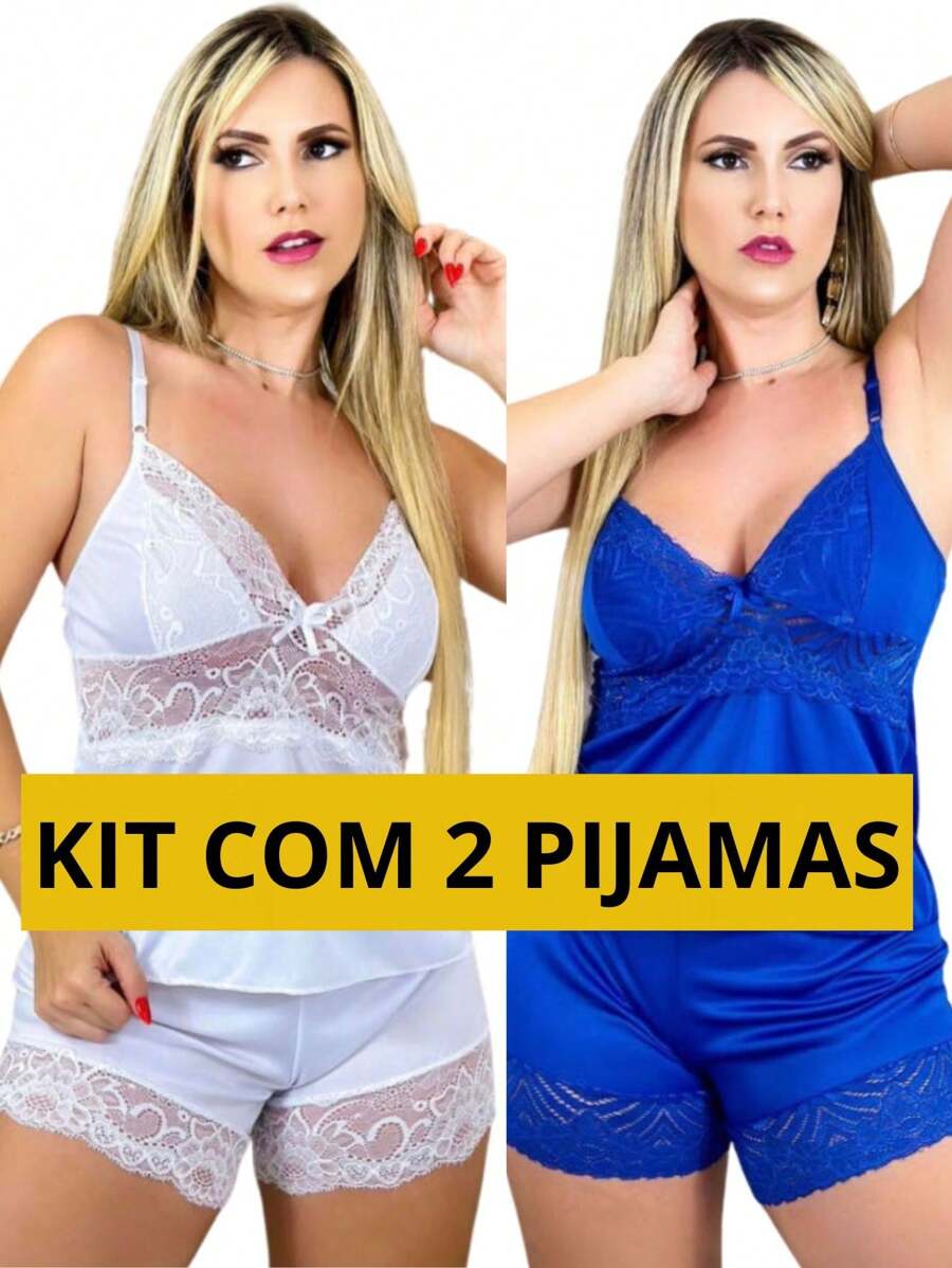 KIT 2 Short Doll Sensual Pajamas - WHITE-BLUE - 彩色 - 查看 1