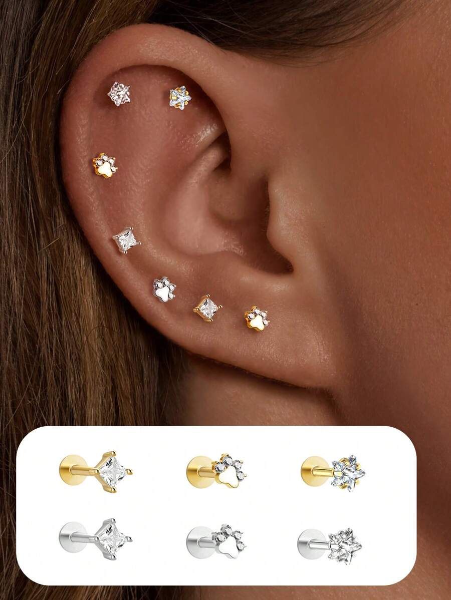 1 CÁI S925 Sterling Silver Cat Dog Paw In Đáy phẳng Đâm thủng Hình học Đơn giản Khuyên tai đơn cho phụ nữ và nam giới, Khuyên tai và khuyên xương tai - đơn - Xem 1