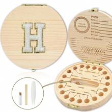 创意首字母木质牙齿收纳盒木质牙盒脐带牙齿收集盒婴幼儿纪念品盒刺绣字母A到Z - 杏色 - 查看 63