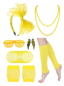 7/10pcs 80s Party Costume Accessories, 1980s Neon Color Dress Party Set, Women Neon Venetian Blinds Sunglasses Necklace Belt Leg Warmers Headband For Party, Dance - Multicolor - View 22