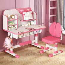 2Pcs/Set Premium Kids Study Desk Chair Set, Height Adjustable Children School Study Table Chair Set With Astronaut Pattern, Ergonomic Desk Chair With Large Writing Board, Bookshelf And Drawer - Pink - View 1