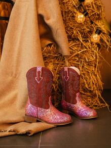 Botas vaqueras con bordado y brillo para niñas pequeñas, unisex, hasta el tobillo, punta cuadrada, tacón alto estilo occidental de arcoíris, zapatos de montar occidentales para niños pequeños y grandes - Rosa coral - Ver 18