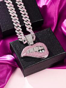 1pc Women's Pink & White Rhinestone Lip Shaped Pendant Necklace, Punk & Hip Hop Style, Jewelry Gift & Party Wear